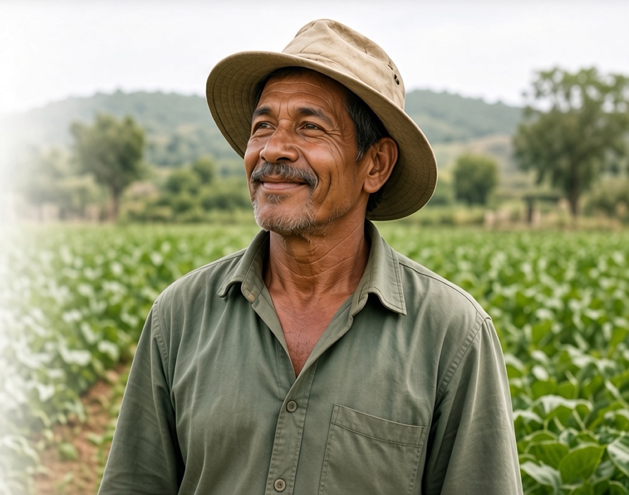 A smiling farmer in a hat standing in a green crop field